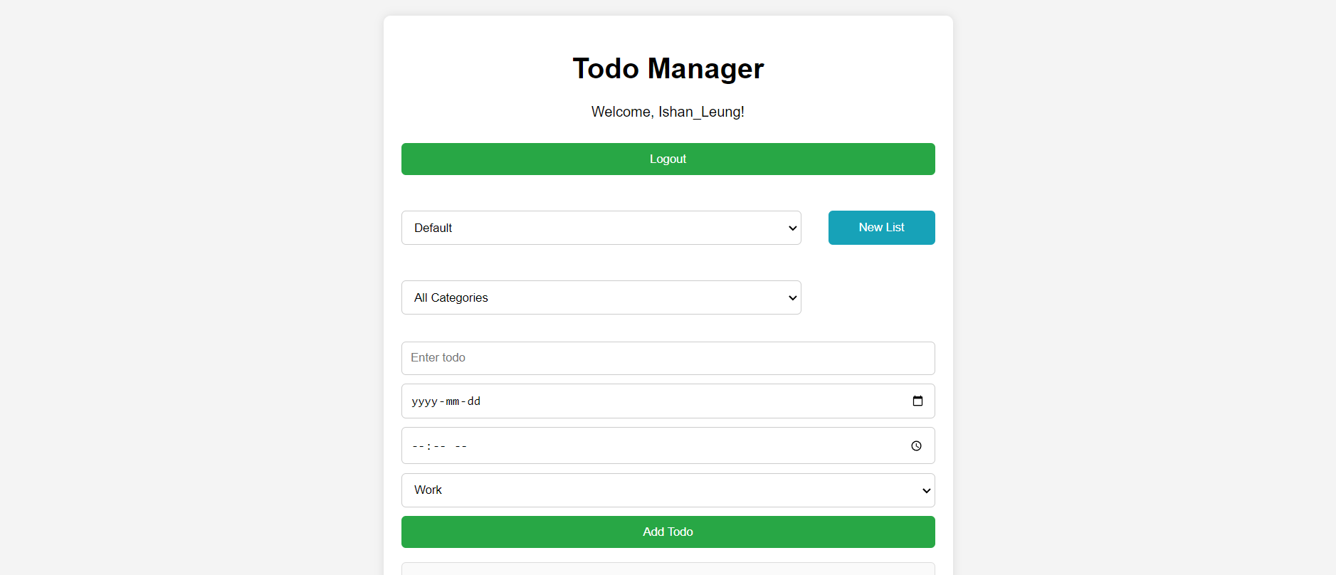 Todo Manager web app running